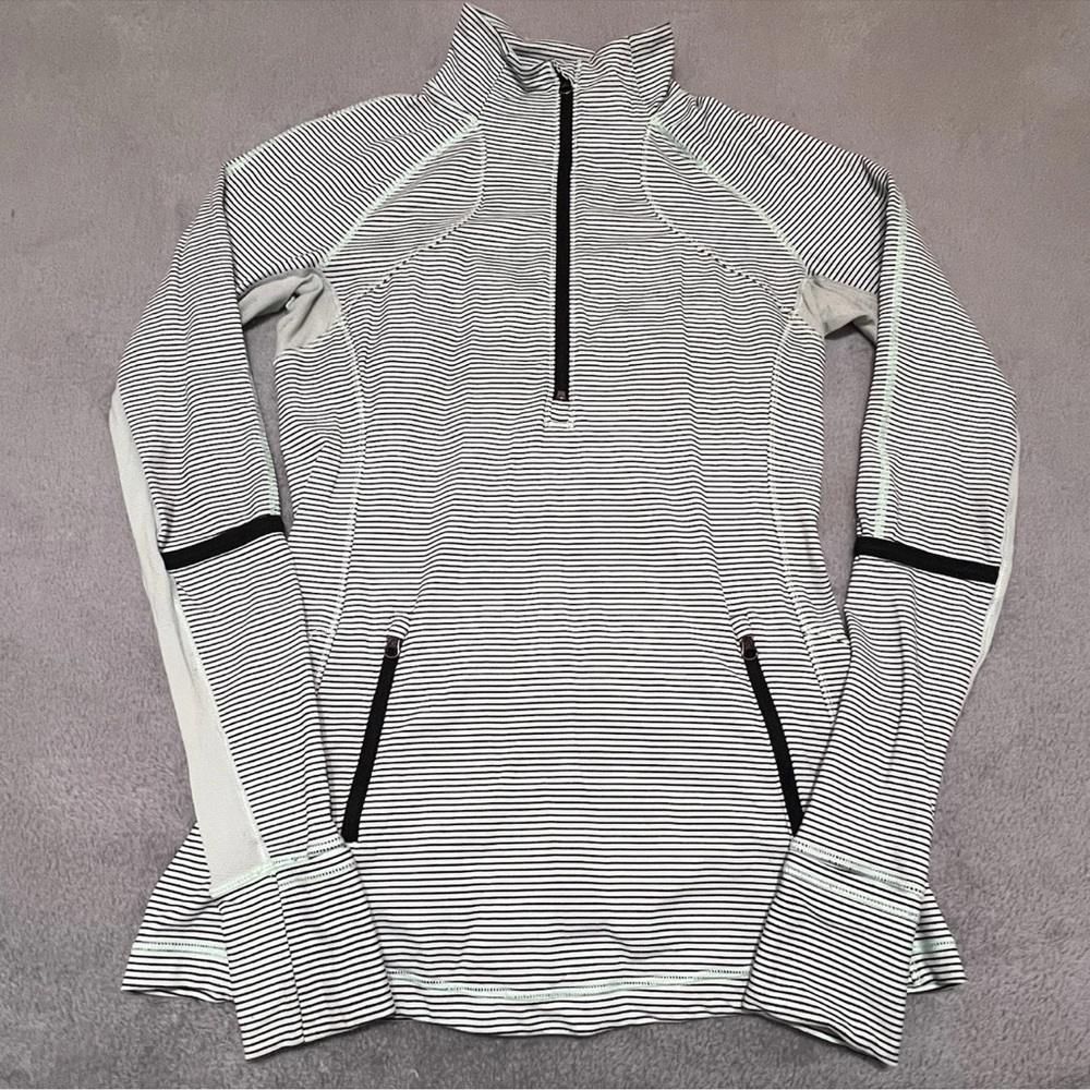 Lululemon Womens Long Sleeve Shirt Quarter Zip With Pockets Green Stripes Size 8